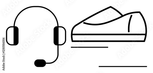 Headset with microphone and a shoe represented with clean lines. Ideal for communication, customer support, remote work, fitness, travel, lifestyle, creativity. Line metaphor
