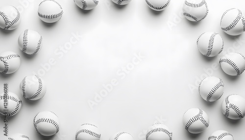 Numerous baseballs are arranged in a circular pattern on white