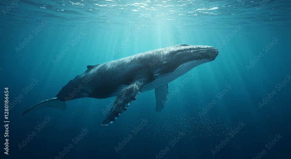 Humpback Whale Swimming Gracefully Underwater with Sunbeams and Small School of Fish Humpback Whale Swimming Gracefully Underwater with Sunbeams and Small School of Fish