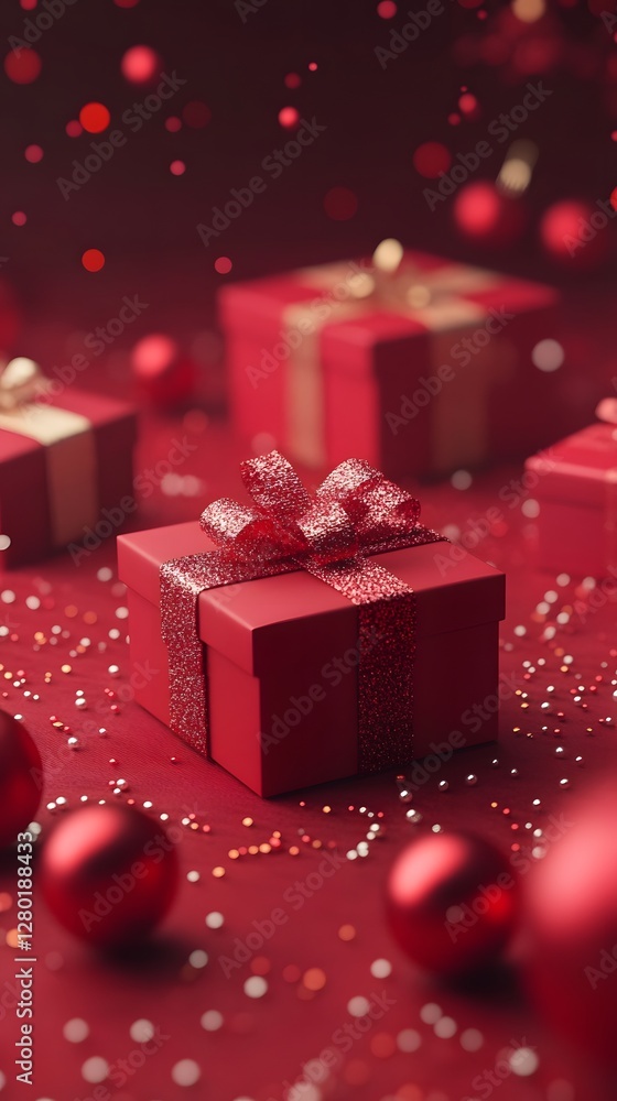 Fototapeta premium Festive red gift box adorned with a glittery bow, surrounded by decorative ornaments.