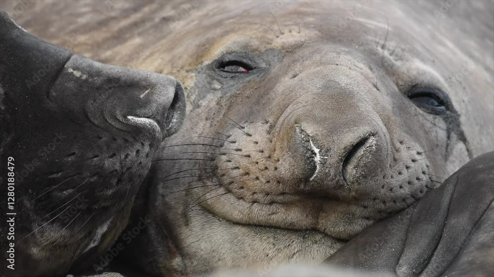 Male and Female Elephant Seal cuddling in South Georgia, Antarctica, close up shot Male and Female Elephant Seal cuddling in South Georgia, Antarctica, close up shot