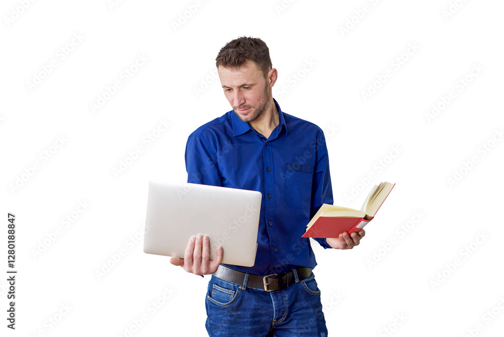 Young man in blue shirt with books and laptop on white background, study, bmzness, freelance Young man in blue shirt with books and laptop on white background, study, bmzness, freelance