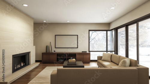 Modern living room interior featuring large windows and cozy furnishings with fireplace