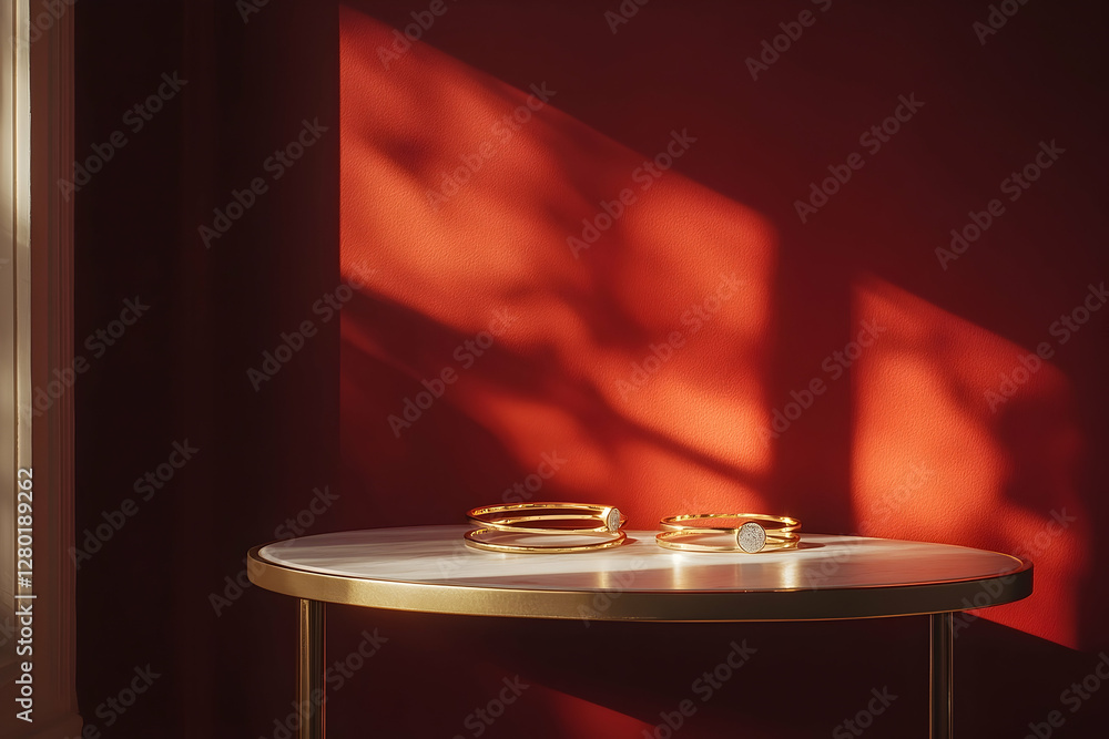 Obraz premium Elegant golden bracelets on a marble table with captivating light play