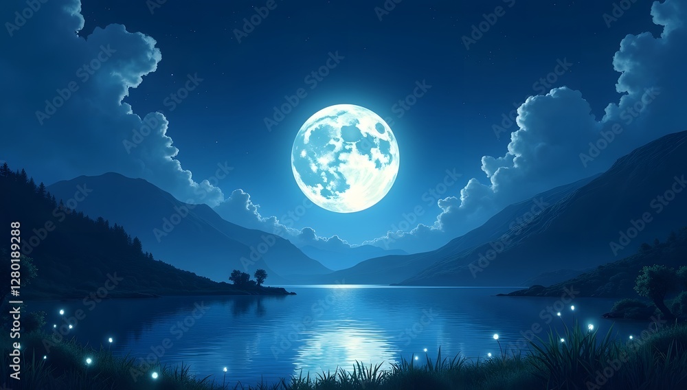 Fototapeta premium A hovers in the night sky, reflecting the orange glow of the setting sun on the calm water below