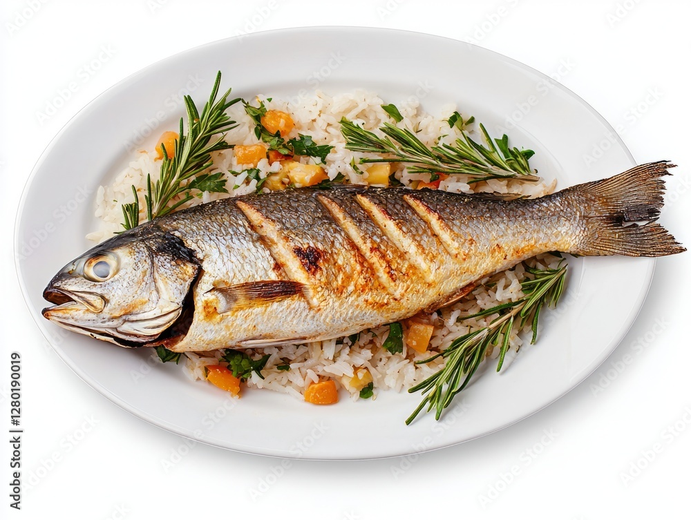 A beautifully presented grilled fish on a bed of rice with herbs. A beautifully presented grilled fish on a bed of rice with herbs.