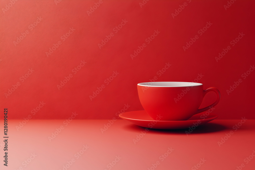 Fototapeta premium A single red teacup and saucer sit on a solid red background, creating a minimalist, visually appealing image perfect for branding or design projects.