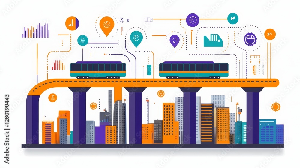 Vibrant Cityscape with Modern Train System and Digital Network Connectivity in Urban Development Depiction Vibrant Cityscape with Modern Train System and Digital Network Connectivity in Urban Development Depiction