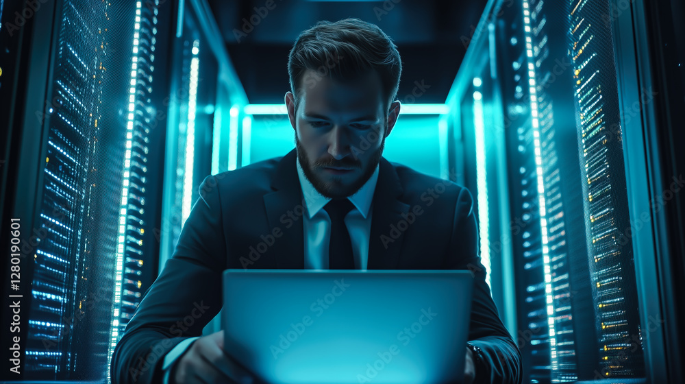 Fototapeta premium An IT support specialist uses a tablet while working in a server room. The concept of network management, data security, and technology maintenance. Generative AI.