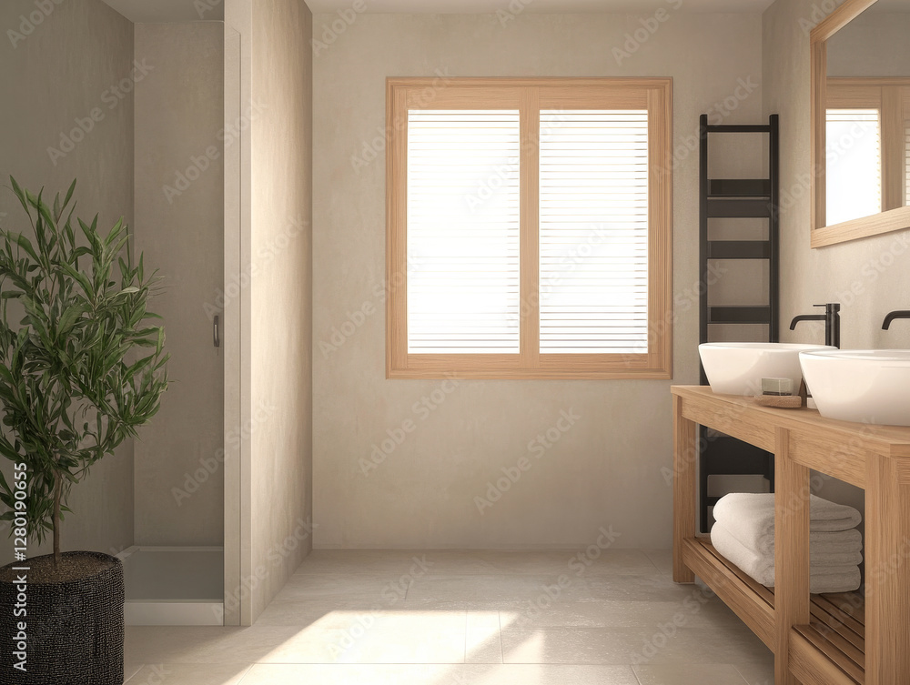 Fototapeta premium Modern bathroom design with natural light and minimalist decor in a cozy setting