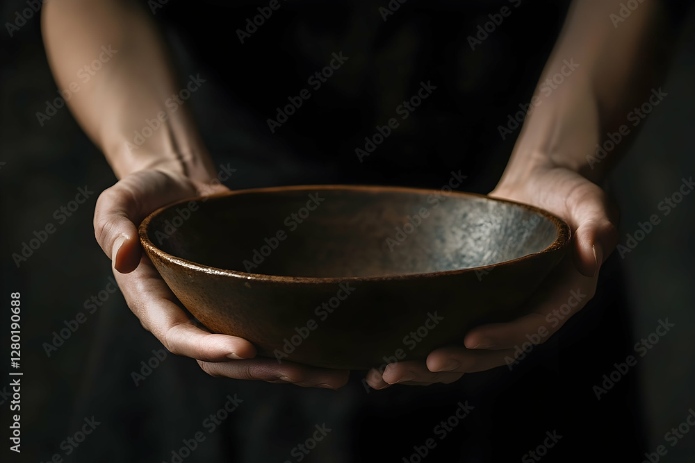 Hands offering an empty wooden bowl in dim lighting studio setup Hands offering an empty wooden bowl in dim lighting studio setup