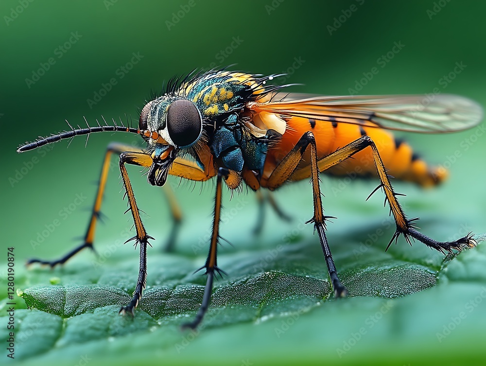 Obraz premium Colorful fly on leaf, natural background