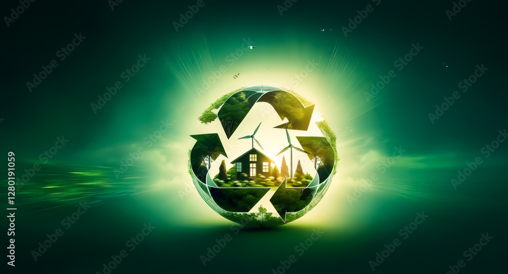 Naklejka premium A glowing recycle symbol encapsulates a vibrant green landscape with houses, trees, and wind turbines, set against a blurred green backdrop. The scene represents environmental consciousness and susta