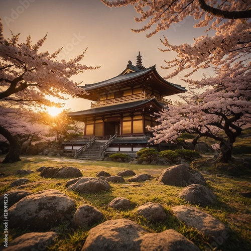 An ancient Japanese shrine surrounded by cherry blossoms in full bloom, with a pure golden sunset.