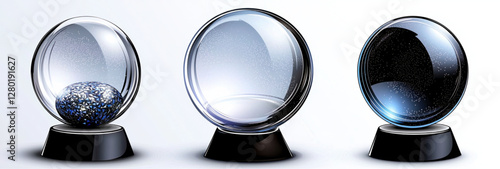 A glasses ball magnified through a lens on a white background