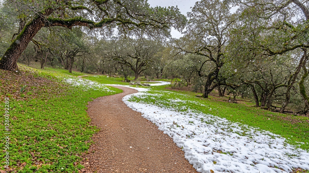 Obraz premium Snowy Path Winding Through a Winter Woodland