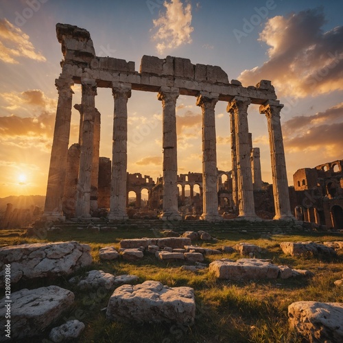 A breathtaking view of ancient Roman ruins with a golden sunset in the background.