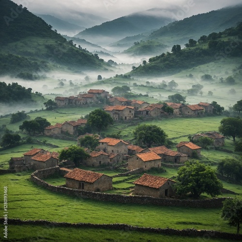 An old stone village nestled in the hills, with mist rolling over a serene valley