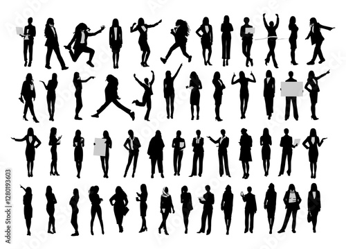 Silhouettes of diverse business women standing, walking, holding blank placard, celebrating success, pointing. Vector black illustration isolated on transparent background