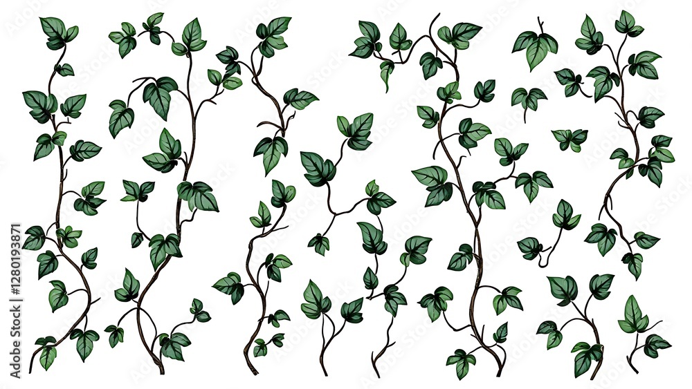 Obraz premium Green Ivy Vines Watercolor Illustration Set