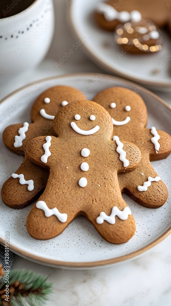 Delicious gingerbread cookies with cheerful smiley faces on a festive plate. Delicious gingerbread cookies with cheerful smiley faces on a festive plate.