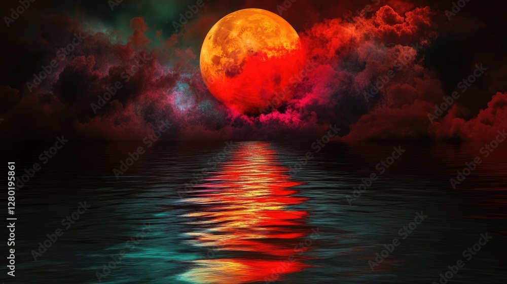 Crimson reflections: A red moon casting moonlight over flowing water and colorful vapors Crimson reflections: A red moon casting moonlight over flowing water and colorful vapors
