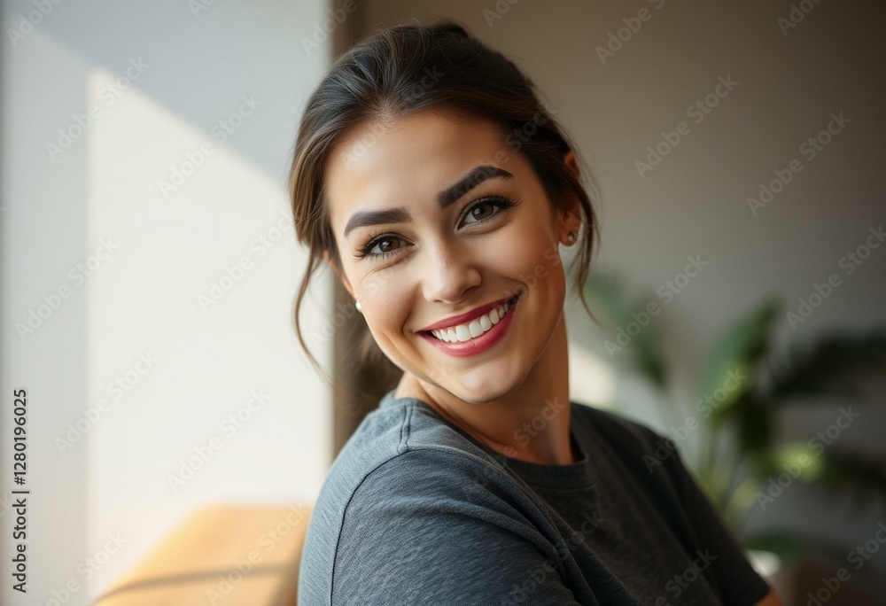 Photorealistic portrait of a smiling female with thick eyebrows Photorealistic portrait of a smiling female with thick eyebrows