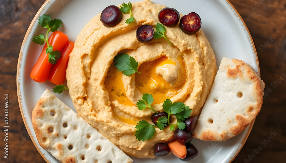 Creamy hummus topped with grapes, carrots, and cilantro served with pita bread on white plate Creamy hummus topped with grapes, carrots, and cilantro served with pita bread on white plate