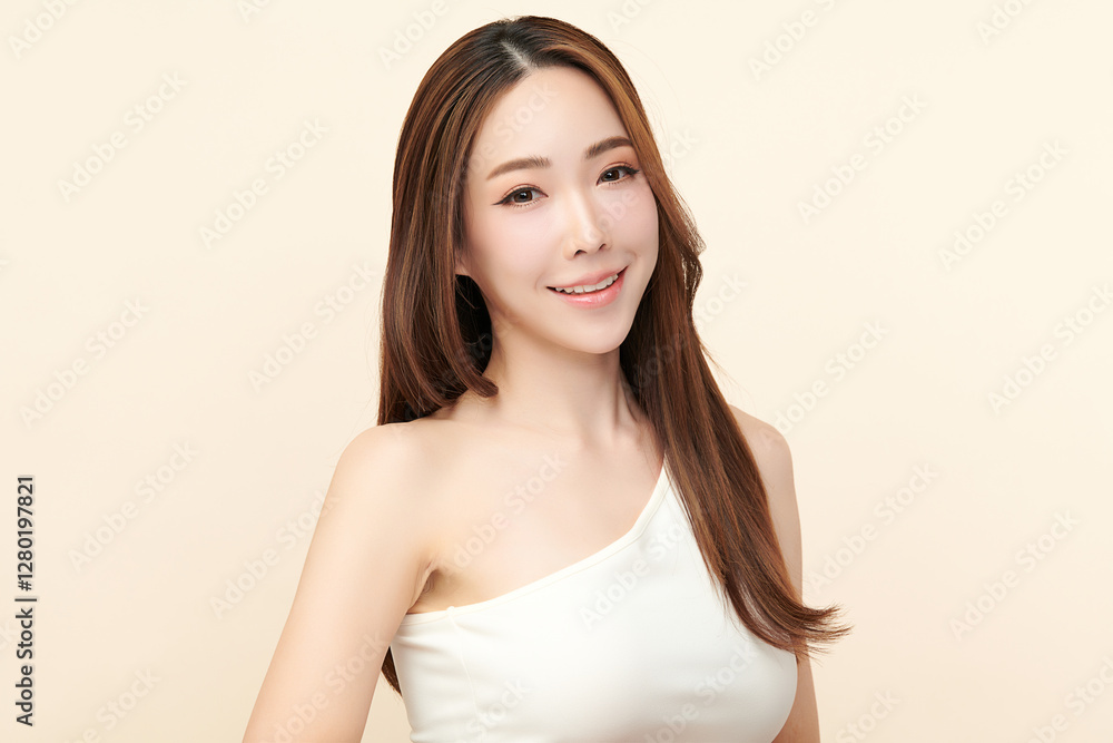 Beautiful young asian woman with clean fresh skin on beige background, Face care, Facial treatment, Cosmetology, beauty and spa, Asian women portrait. Beautiful young asian woman with clean fresh skin on beige background, Face care, Facial treatment, Cosmetology, beauty and spa, Asian women portrait.
