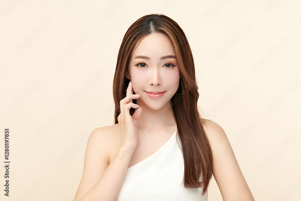 Beautiful young asian woman with clean fresh skin on beige background, Face care, Facial treatment, Cosmetology, beauty and spa, Asian women portrait. Beautiful young asian woman with clean fresh skin on beige background, Face care, Facial treatment, Cosmetology, beauty and spa, Asian women portrait.