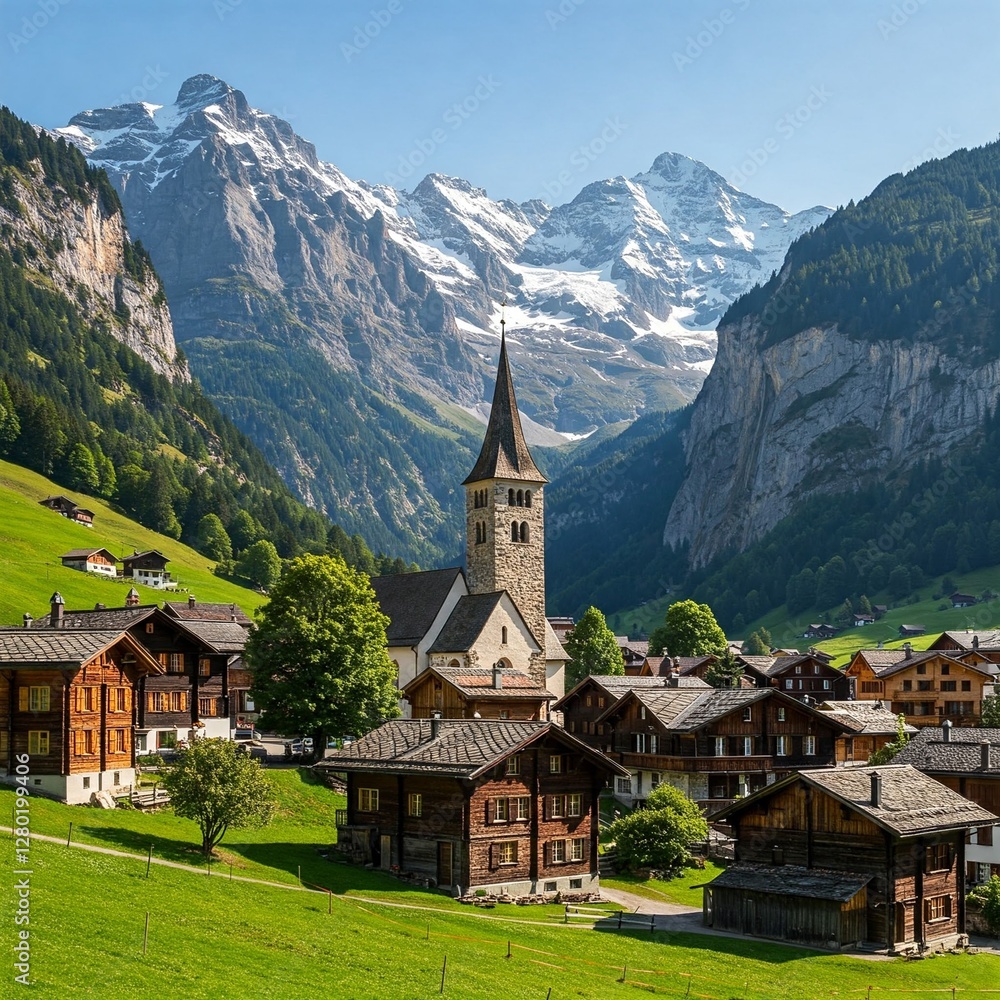 Fototapeta premium Nestled in the Swiss Alps, the Village Features Charming Wooden Chalets and a Historic Church with a Striking Spire.