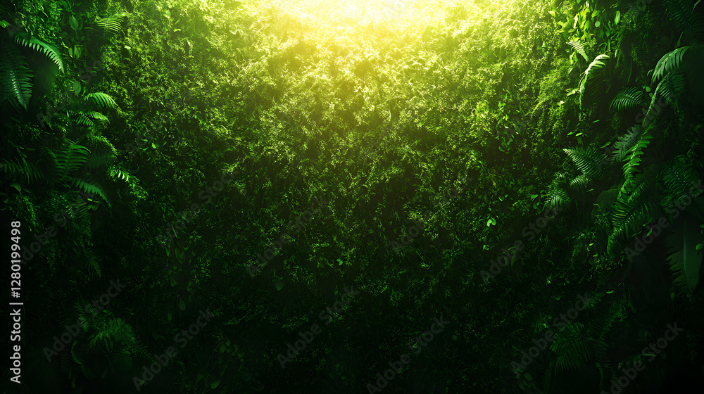 Naklejka premium Lush green foliage wall, vibrant tropical plants, sunlight filtering through leaves, natural background texture.