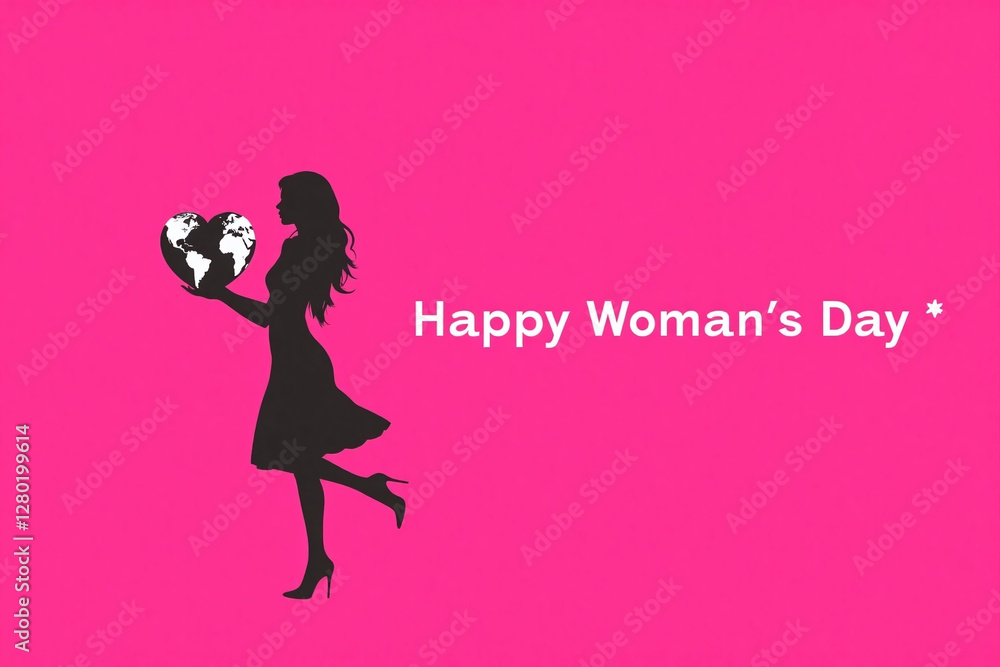 Pink background graphic design woman holding heart shaped globe and text Pink background graphic design woman holding heart shaped globe and text