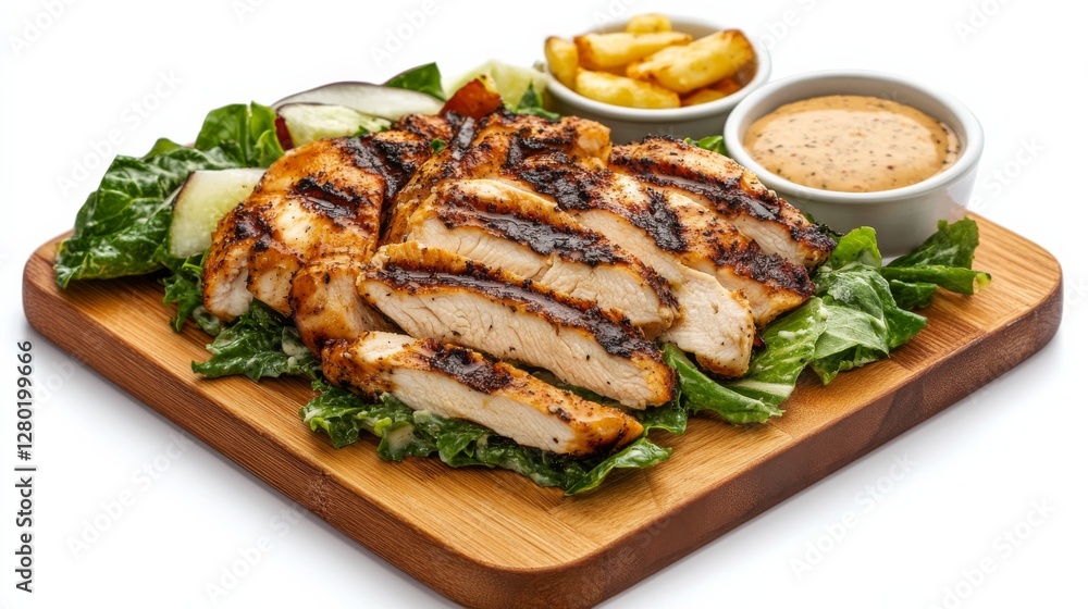 Grilled Chicken Caesar Salad on wooden board isolated on white background Grilled Chicken Caesar Salad on wooden board isolated on white background