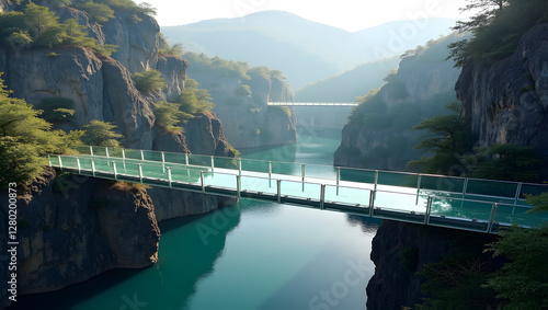 A Glass Bridge Suspended Over a Deep Canyon With a Transparent Floor