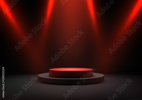 modern technology futuristic red illuminated 3D black podium for award ceremony or product display in modern showroom