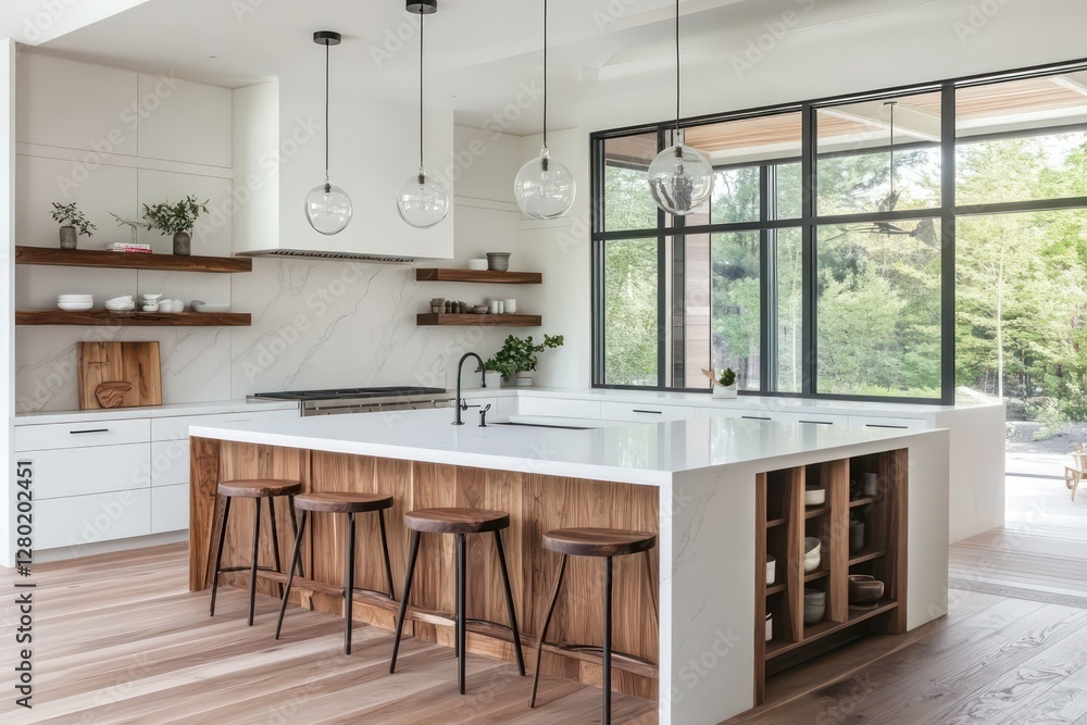 Clean and airy kitchen with a white-and-wood theme, cozy bar stools, pendant lighting, and a fresh, contemporary ambiance Clean and airy kitchen with a white-and-wood theme, cozy bar stools, pendant lighting, and a fresh, contemporary ambiance