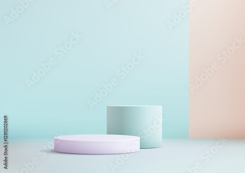 pastel cylindrical podiums on light surface, 3d product mockup for modern showcase and display