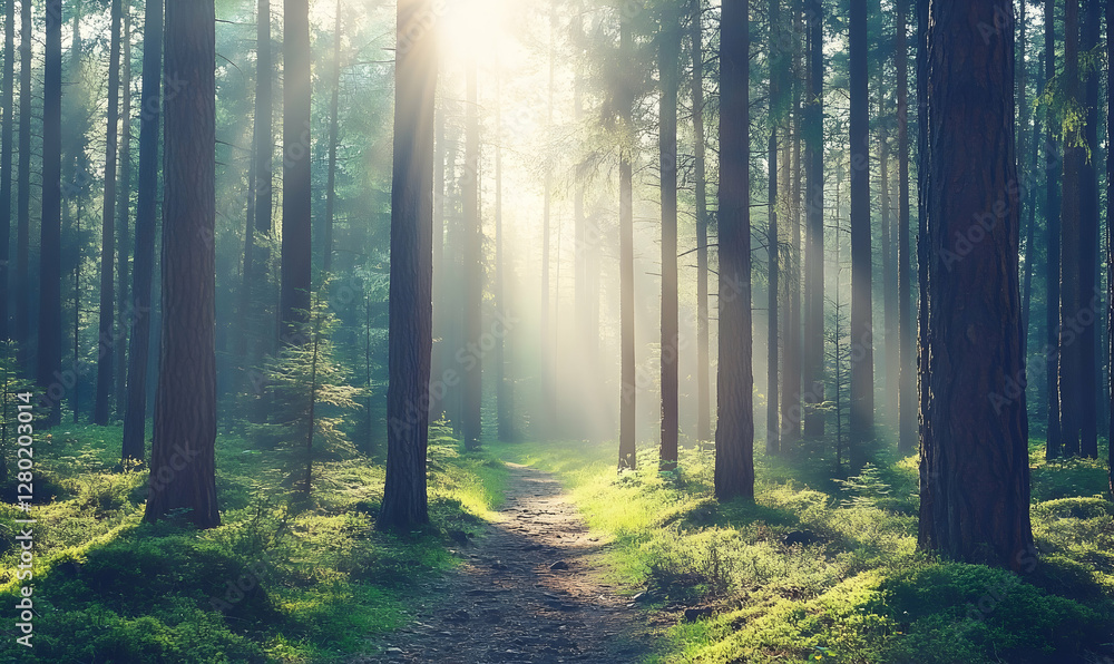 Fototapeta premium Serene sunlit path winding through a mystical forest. Perfect for nature, tranquility, and peace themes.