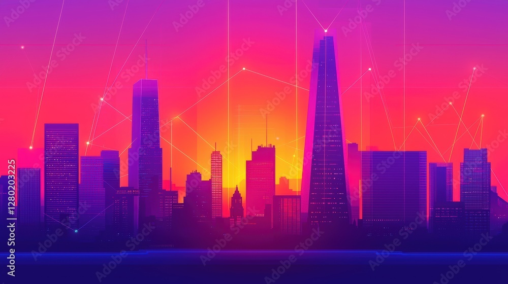 Fototapeta premium Sunset skyline with vibrant colors and digital connections.