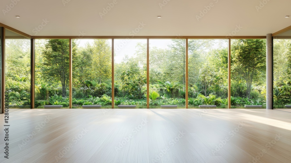Bright Indoor Space with Large Windows Overlooking Lush Greenery Bright Indoor Space with Large Windows Overlooking Lush Greenery