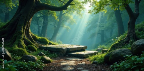 Ancient stone platform, mystical forest, low angle, stock, texture, moss