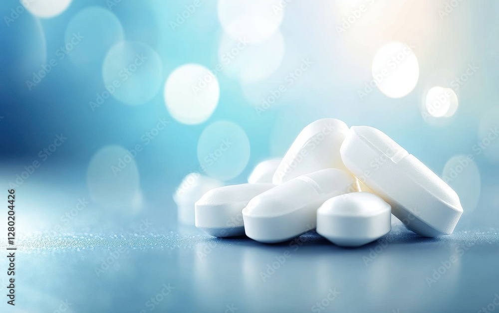 White tablets on blue background with soft bokeh lights create calming atmosphere White tablets on blue background with soft bokeh lights create calming atmosphere