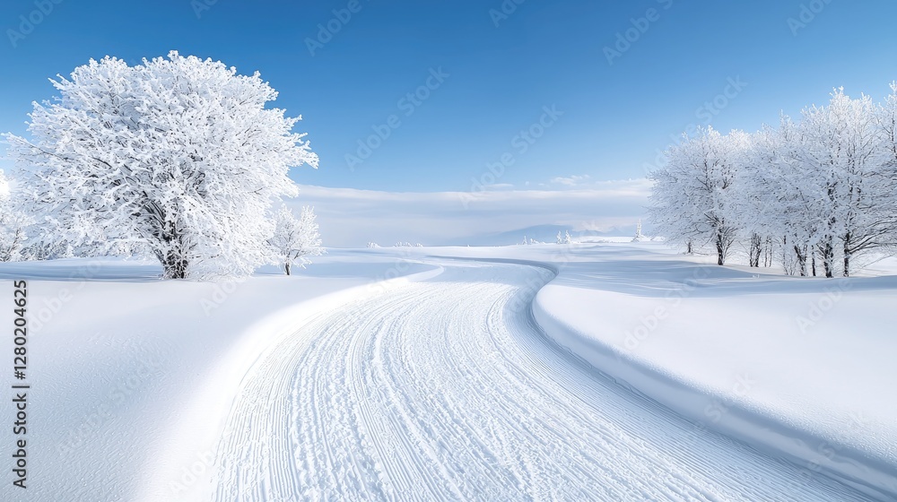 Obraz premium Winding snowy path, winter landscape, trees, clear sky