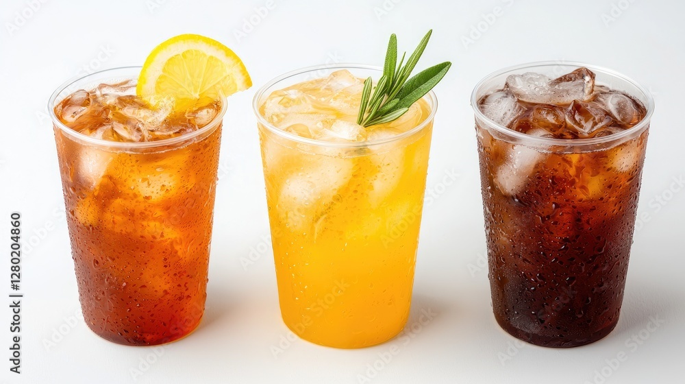 Fototapeta premium Iced drinks, three plastic cups, lemon, ice, rosemary. Beverages, refreshing drinks