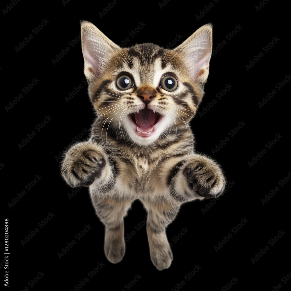 Obraz premium little cat in mid-jump surprising face, exuding energy and liveliness. The illustration showcases the agile movements of the cat, with its body gracefully on transparent background.