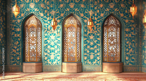 elegant islamic architecture interior with ornate arched windows featuring teal walls and gold accents photo