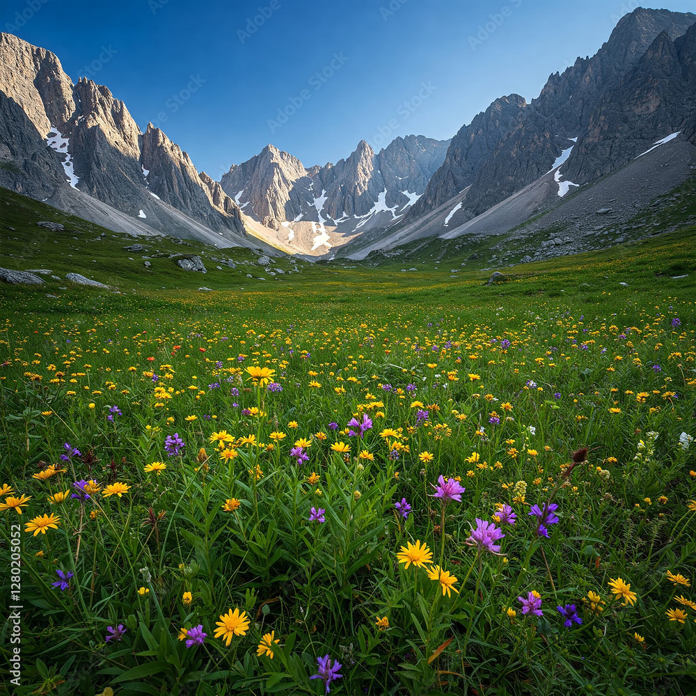 Fototapeta premium alpine meadow with wildflowers. alpine meadow in the mountains. mountain valley with flowers.