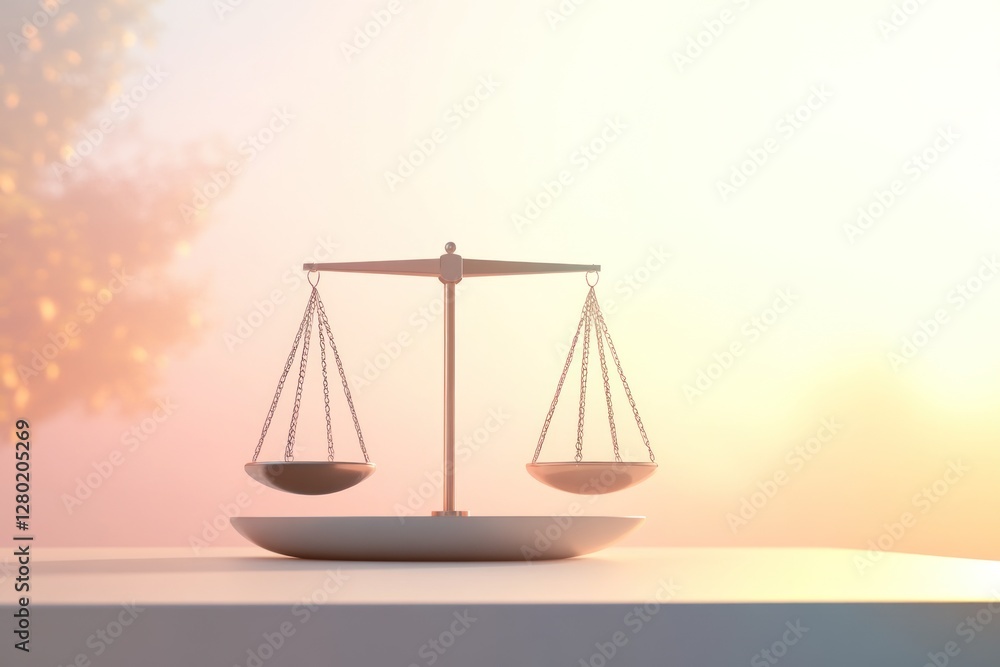 Balanced scales in serene outdoor setting. Peaceful justice concept Balanced scales in serene outdoor setting. Peaceful justice concept