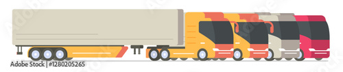 Cargo logistics trucks fleet row banner vector modern trendy graphic illustration, warehouse freight vehicles auto sales, shipping transportation semi trailers heavy cars service image
